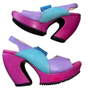 John Fluevog Prepare Hi Spur Leather Platform Slingback Heels Womens Size 8